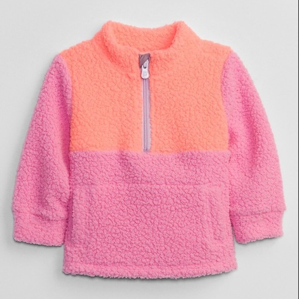 baby Gap Sherpa Quarter-Zip Neon Coral Pink Volt Colorblock Sweatshirt Kangaroo